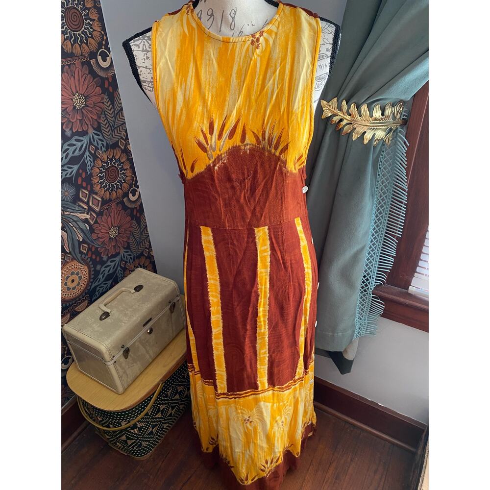 Marla Kim Tie Dyed Yellow & Rust Red Palm Tree Maxi Dress